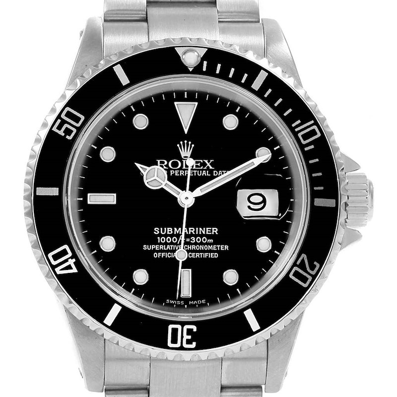 The image shows a front view of a Rolex Submariner 16610 Men's Stainless Steel Black Dial 16610 Men's Stainless Steel Black Dial watch, highlighting the dial, bezel, and bracelet.