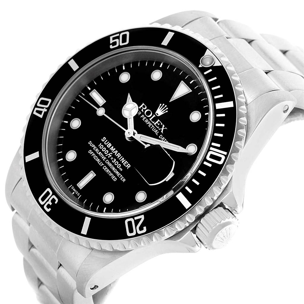 This image shows a close-up angle of a Rolex Submariner 16610 Men's Stainless Steel Black Dial 16610 Men's Stainless Steel Black Dial watch, highlighting the dial, bezel, and part of the bracelet and crown.