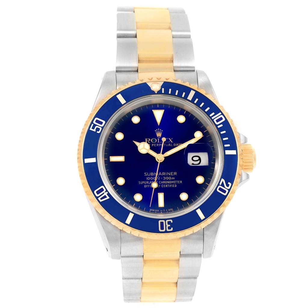 The image shows a front view of the Rolex Submariner 16613 Men's Steel and Gold (two tone) Blue Dial 16613 Men's Steel and Gold (two tone) Blue Dial watch, highlighting its blue dial, gold bezel, and two-tone metal bracelet.