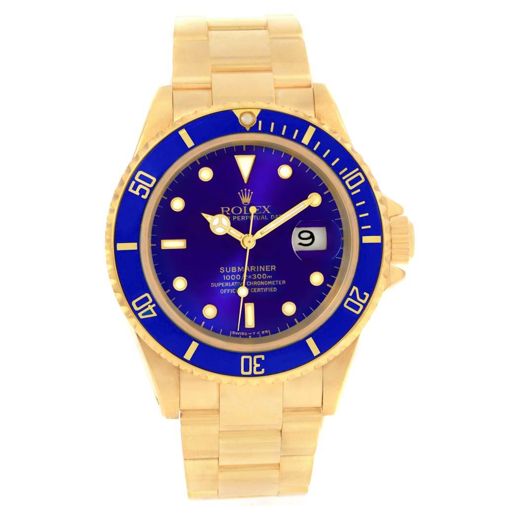 This image shows the Rolex Submariner 16618 Men's Yellow Gold Purple Dial 16618 Men's Yellow Gold Purple Dial watch from a front angle, highlighting its blue dial, bezel, and gold bracelet.