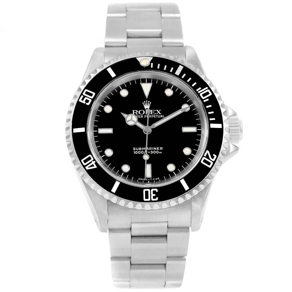 The image shows a front view of a Rolex Submariner 14060 Men's Stainless Steel Black Dial 14060 Men's Stainless Steel Black Dial watch, highlighting its dial, bezel, and bracelet.