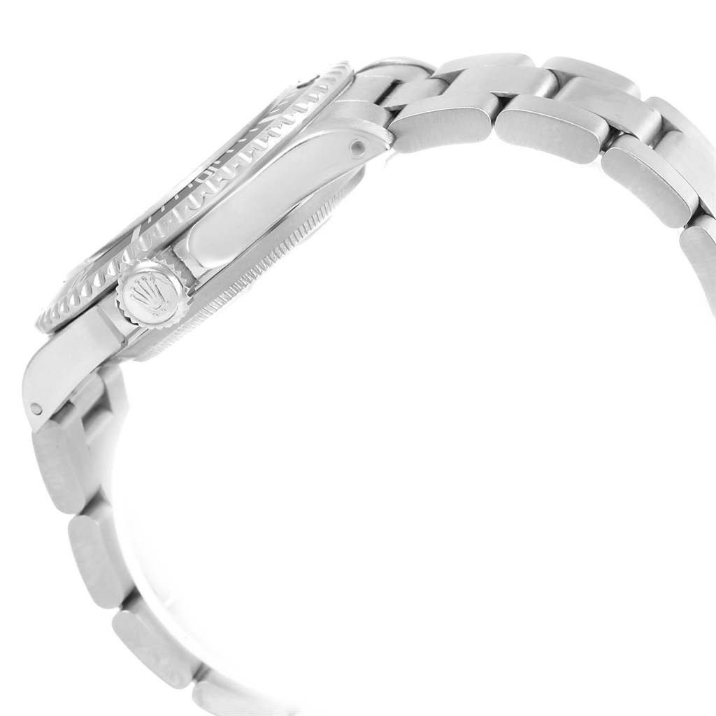 The image shows a side view of the Rolex Submariner 14060 Men's Stainless Steel Black Dial 14060 Men's Stainless Steel Black Dial watch, highlighting the crown, bezel, and bracelet.