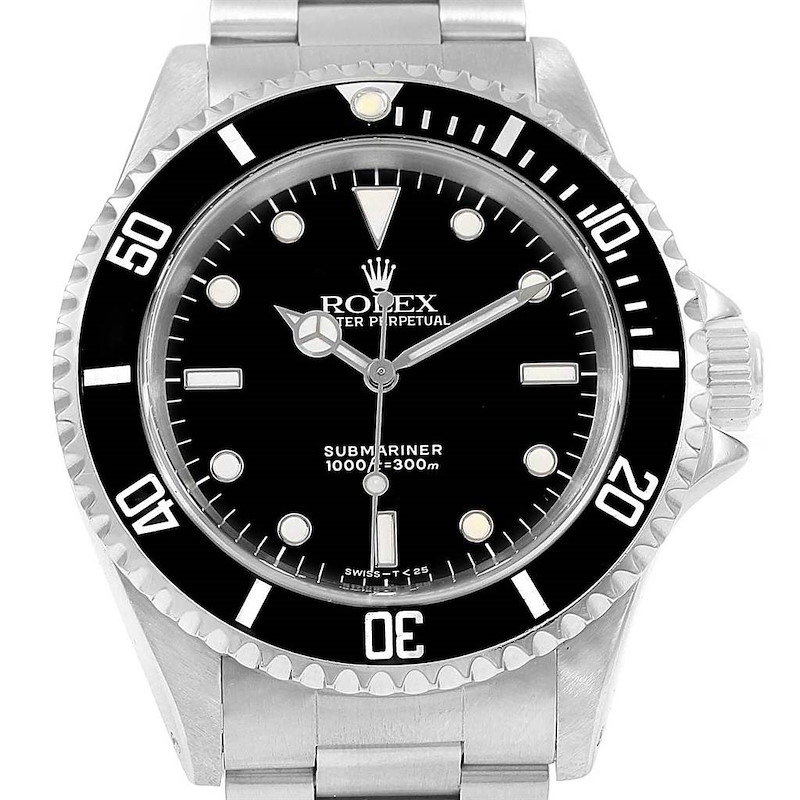 This image shows a frontal view of the Rolex Submariner 14060 Men's Stainless Steel Black Dial 14060 Men's Stainless Steel Black Dial watch, highlighting the dial, bezel, and part of the bracelet.