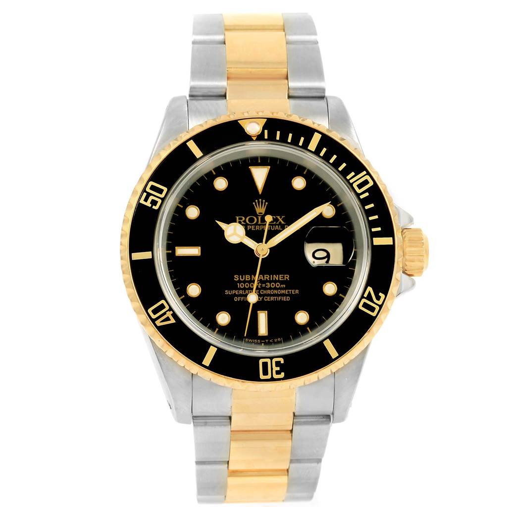 The image shows a front view of a Rolex Submariner 16613 Men's Steel and Gold (two tone) Black Dial 16613 Men's Steel and Gold (two tone) Black Dial watch with a black dial and a two-tone gold and silver bracelet.