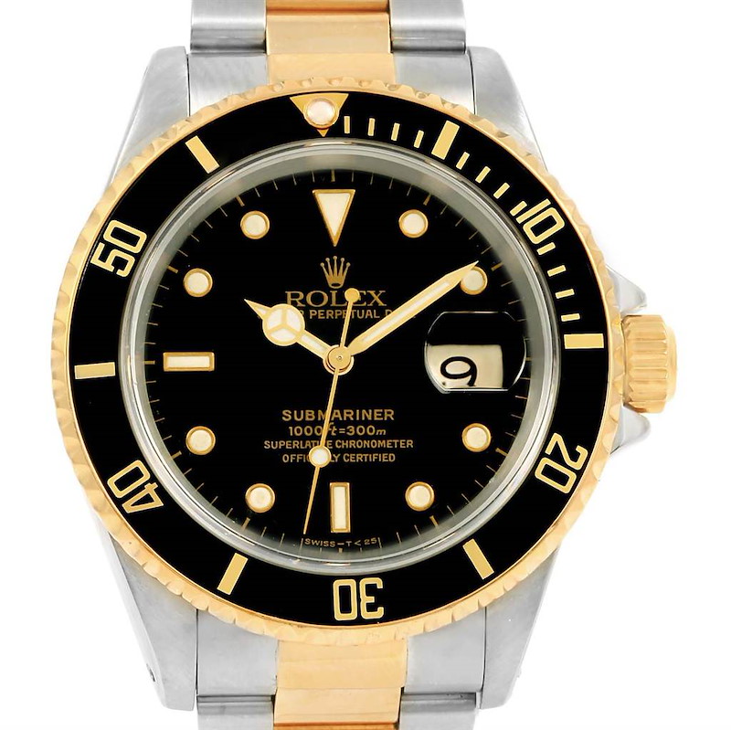 The image shows a front view of a Rolex Submariner 16613 Men's Steel and Gold (two tone) Black Dial 16613 Men's Steel and Gold (two tone) Black Dial watch, highlighting the dial, bezel, and part of the bracelet.