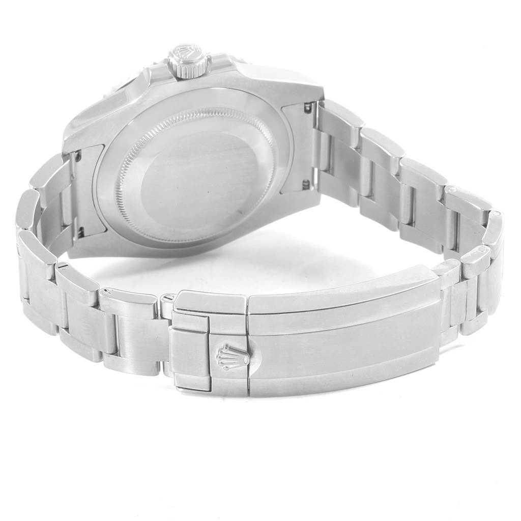 This image shows the back and bracelet clasp of a Rolex Submariner 116610 Men's Stainless Steel Black Dial 116610 Men's Stainless Steel Black Dial watch from an angle slightly behind the tilted case.