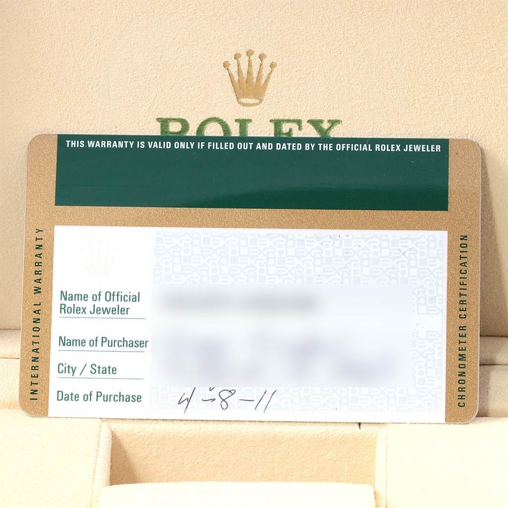 The image shows a warranty card for the Rolex Submariner 116610 Men's Stainless Steel Black Dial 116610 Men's Stainless Steel Black Dial with the brand logo in the background.