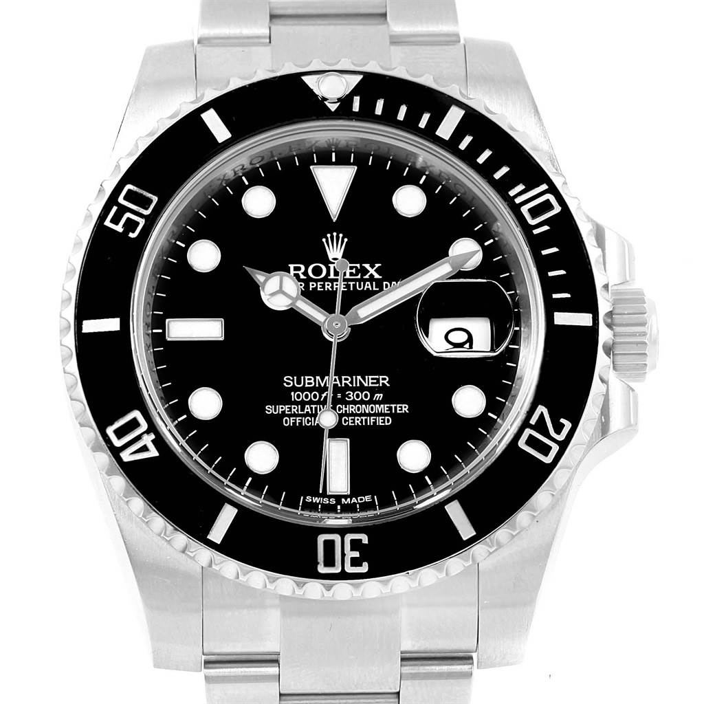 The image shows a close-up of the Rolex Submariner 116610 Men's Stainless Steel Black Dial 116610 Men's Stainless Steel Black Dial watch, highlighting its black dial, bezel, crown, and bracelet.