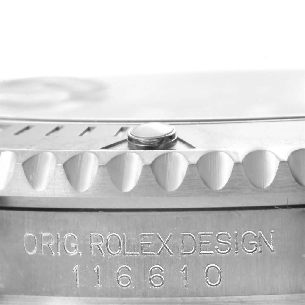 This image shows a close-up angle of the bezel and model number of a Rolex Submariner 116610 Men's Stainless Steel Black Dial 116610 Men's Stainless Steel Black Dial watch.