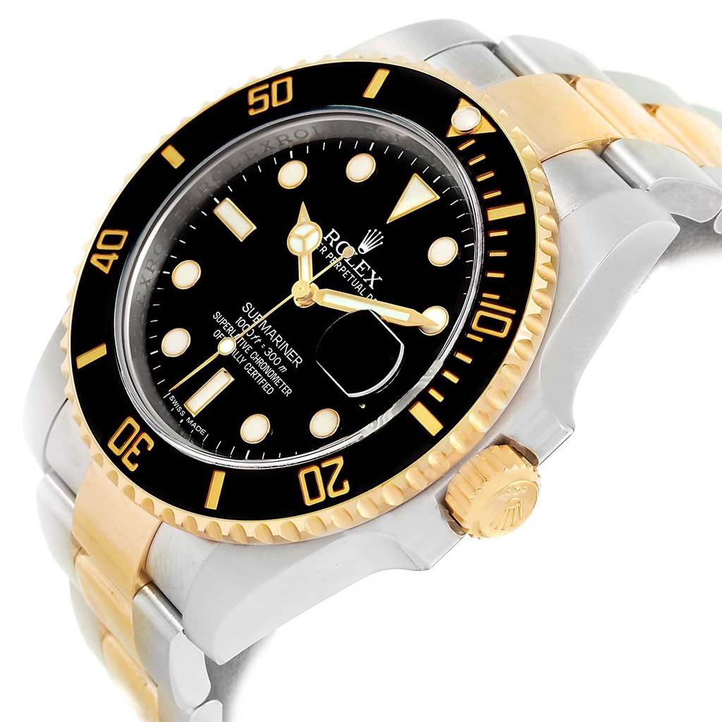 The image shows a Rolex Submariner 116613 Men's Steel and Gold (two tone) Black Dial 116613 Men's Steel and Gold (two tone) Black Dial watch at a slight angle, highlighting the bezel, dial, case, and part of the bracelet.