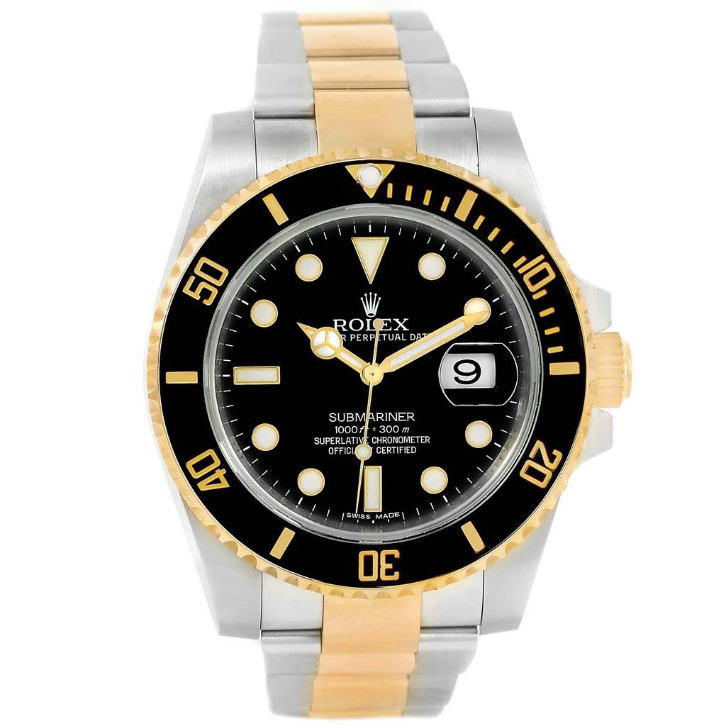 The Rolex Submariner 116613 Men's Steel and Gold (two tone) Black Dial 116613 Men's Steel and Gold (two tone) Black Dial watch is shown from a frontal angle, displaying its bezel, face, dial, hands, and bracelet.