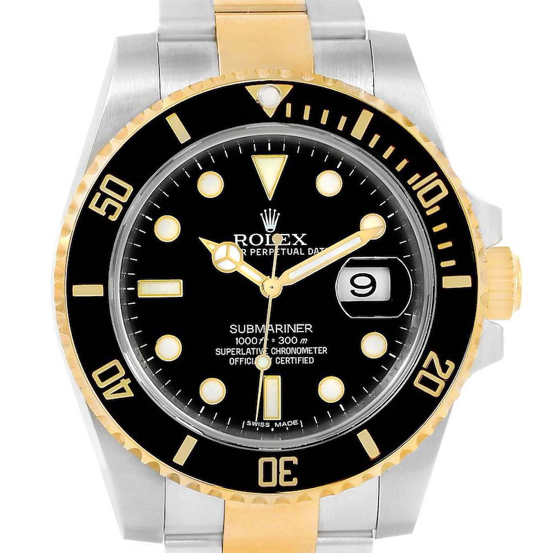This image shows a Rolex Submariner 116613 Men's Steel and Gold (two tone) Black Dial 116613 Men's Steel and Gold (two tone) Black Dial watch viewed from the front, highlighting its black dial, gold accents, and metal bracelet.