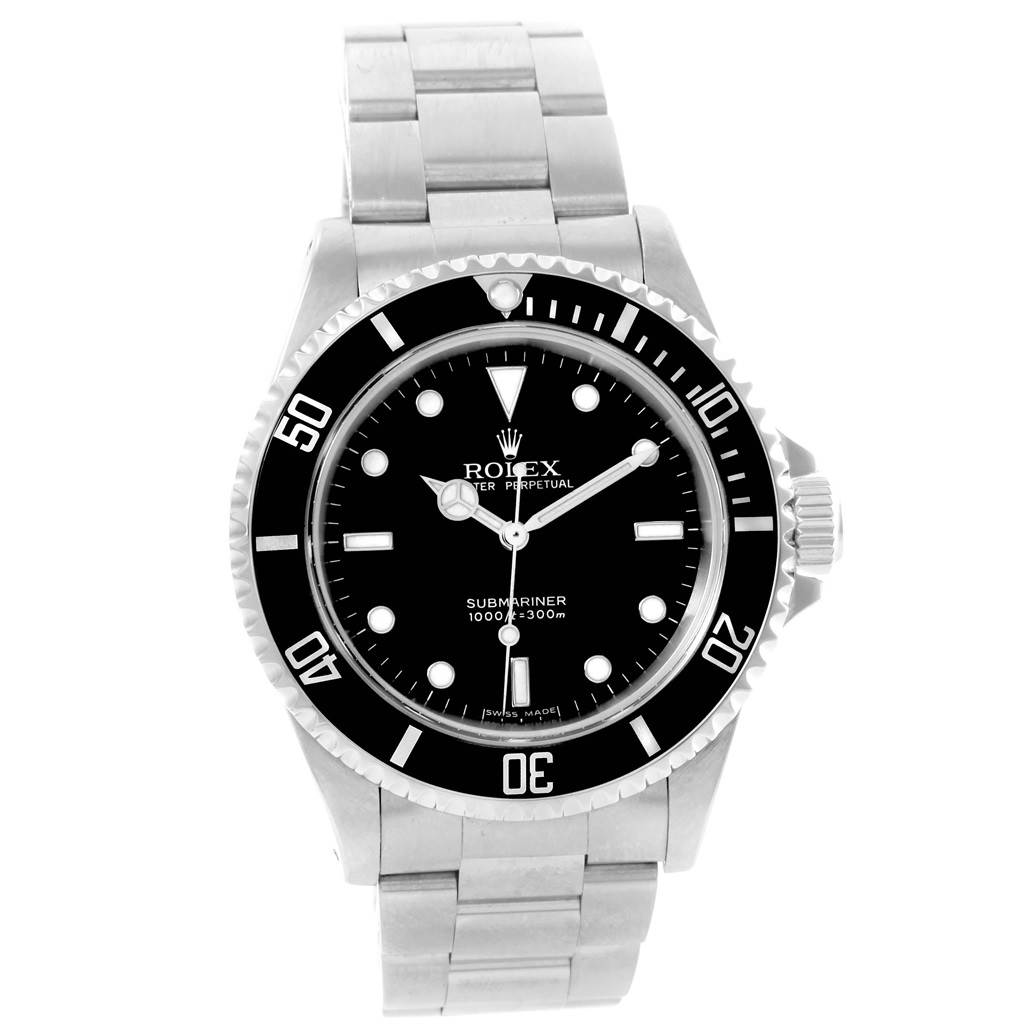 The Rolex Submariner 14060 Men's Stainless Steel Black Dial 14060 Men's Stainless Steel Black Dial watch is shown from a front angle, displaying its face, bezel, and part of the bracelet.