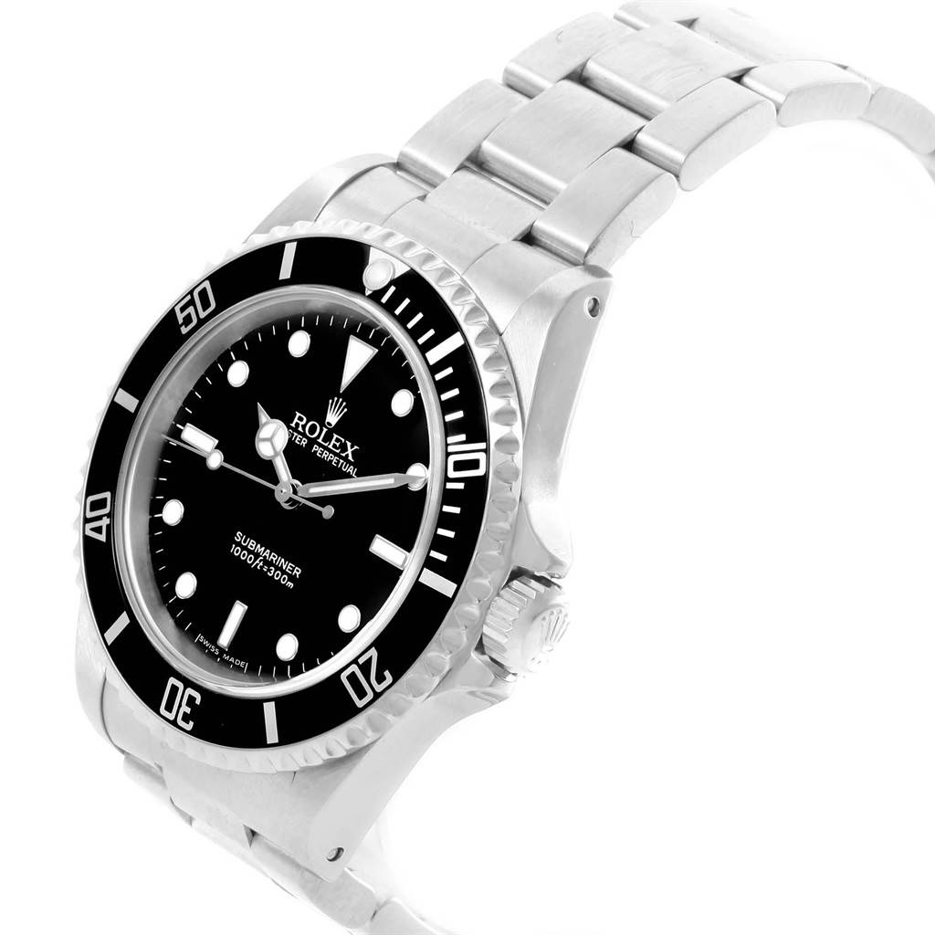 The Rolex Submariner 14060 Men's Stainless Steel Black Dial 14060 Men's Stainless Steel Black Dial watch is shown at an angled view, highlighting its black dial, bezel, crown, and stainless steel bracelet.