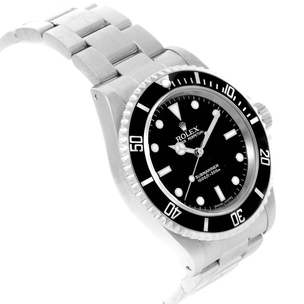 The image shows a Rolex Submariner 14060 Men's Stainless Steel Black Dial 14060 Men's Stainless Steel Black Dial watch at a slight angle from above, highlighting its dial, bezel, and bracelet.