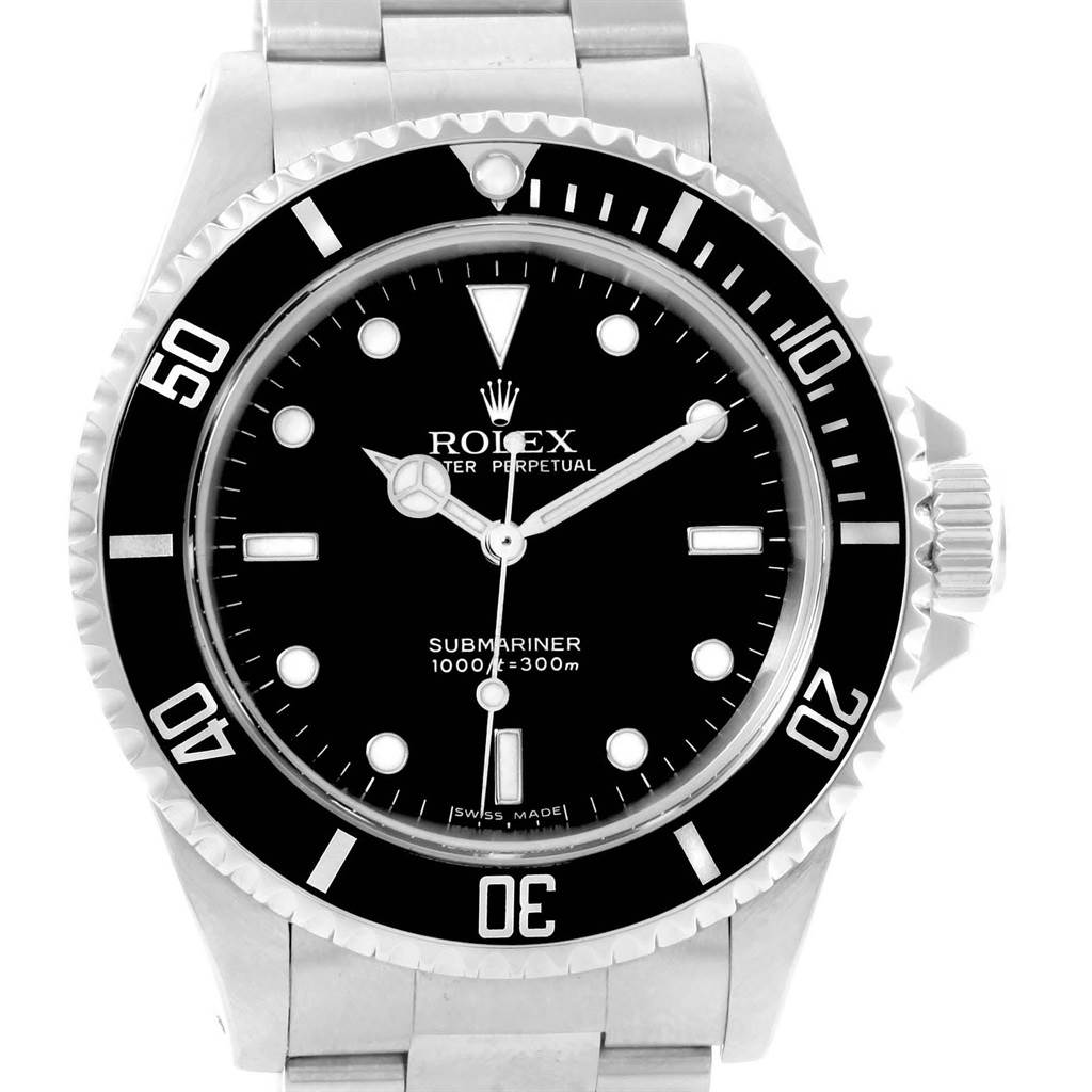 The image shows a frontal view of a Rolex Submariner 14060 Men's Stainless Steel Black Dial 14060 Men's Stainless Steel Black Dial watch, highlighting its black dial, bezel, and stainless steel bracelet.