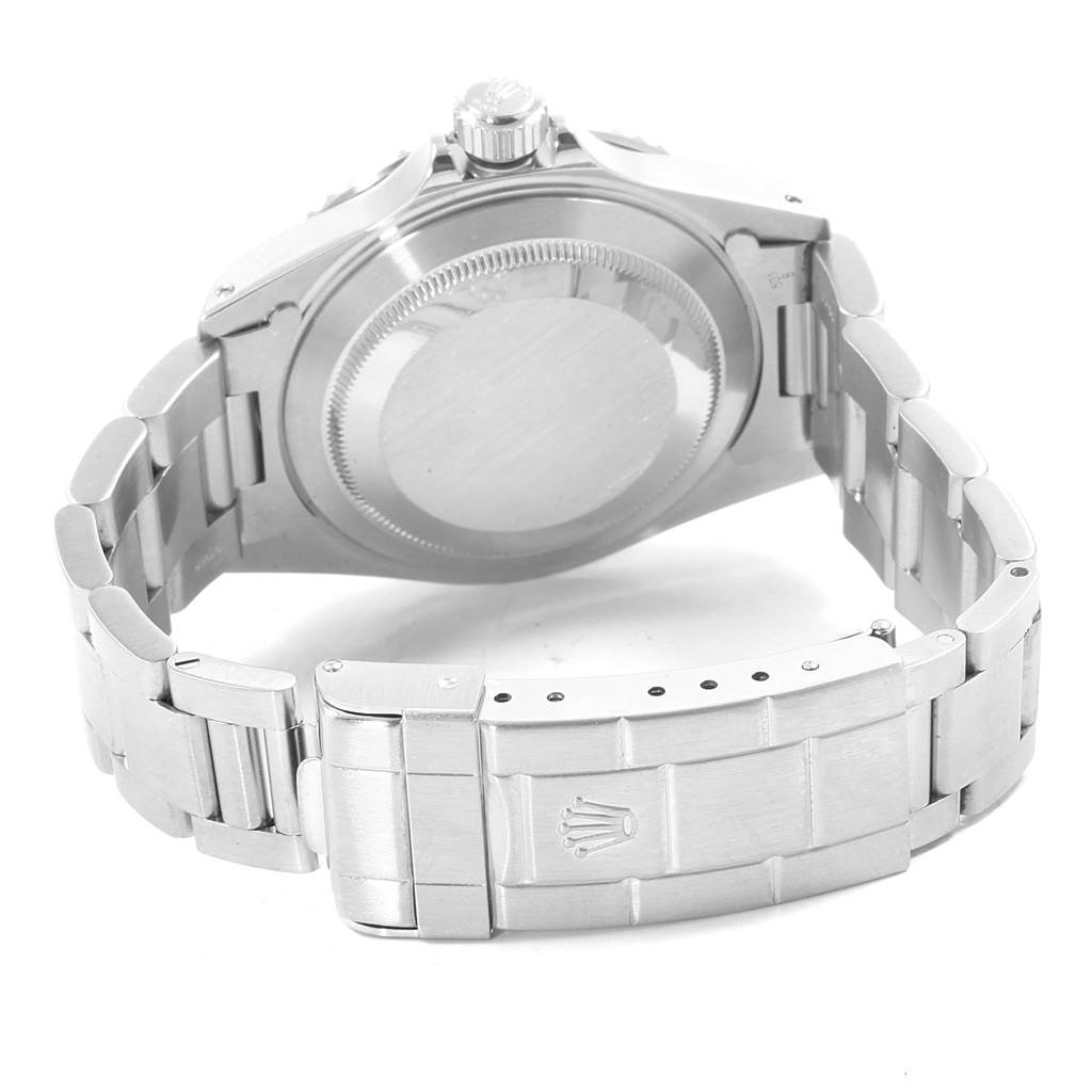 This image shows the back view of a Rolex Submariner 14060 Men's Stainless Steel Black Dial 14060 Men's Stainless Steel Black Dial watch, highlighting its clasp and bracelet.