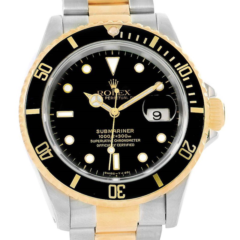 This image shows the front view of a Rolex Submariner 16613 Men's Steel and Gold (two tone) Black Dial 16613 Men's Steel and Gold (two tone) Black Dial watch, highlighting the bezel, dial, hour markers, hands, and bracelet.