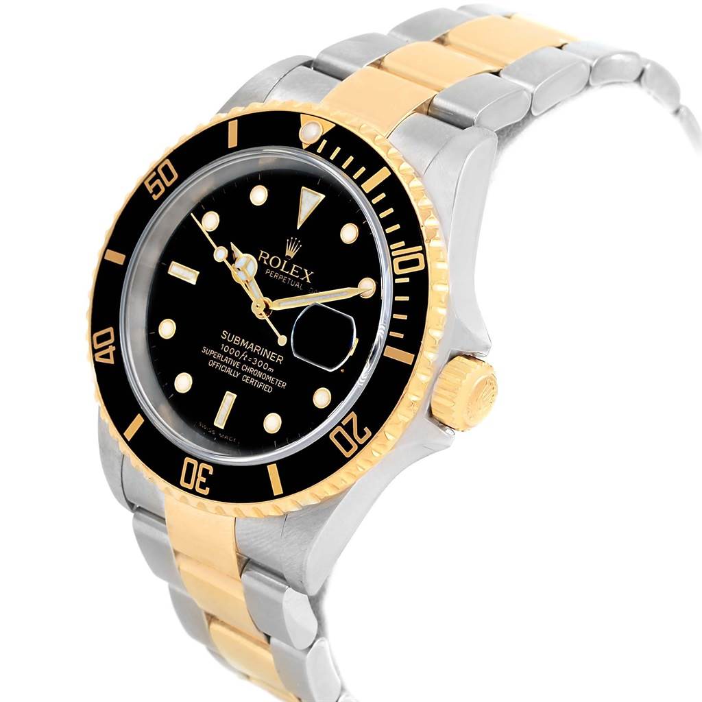 This image shows a Rolex Submariner 16613 Men's Steel and Gold (two tone) Black Dial 16613 Men's Steel and Gold (two tone) Black Dial watch at a slight angle, highlighting its black dial, bezel, gold crown, and two-tone bracelet.