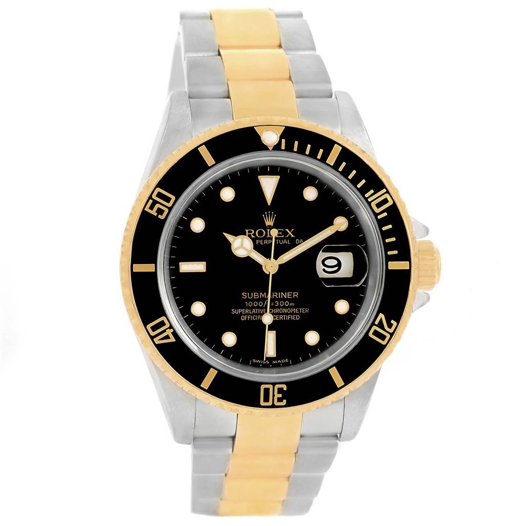 The image shows a front view of a Rolex Submariner 16613 Men's Steel and Gold (two tone) Black Dial 16613 Men's Steel and Gold (two tone) Black Dial watch, highlighting its black dial, two-tone bracelet, and date display.
