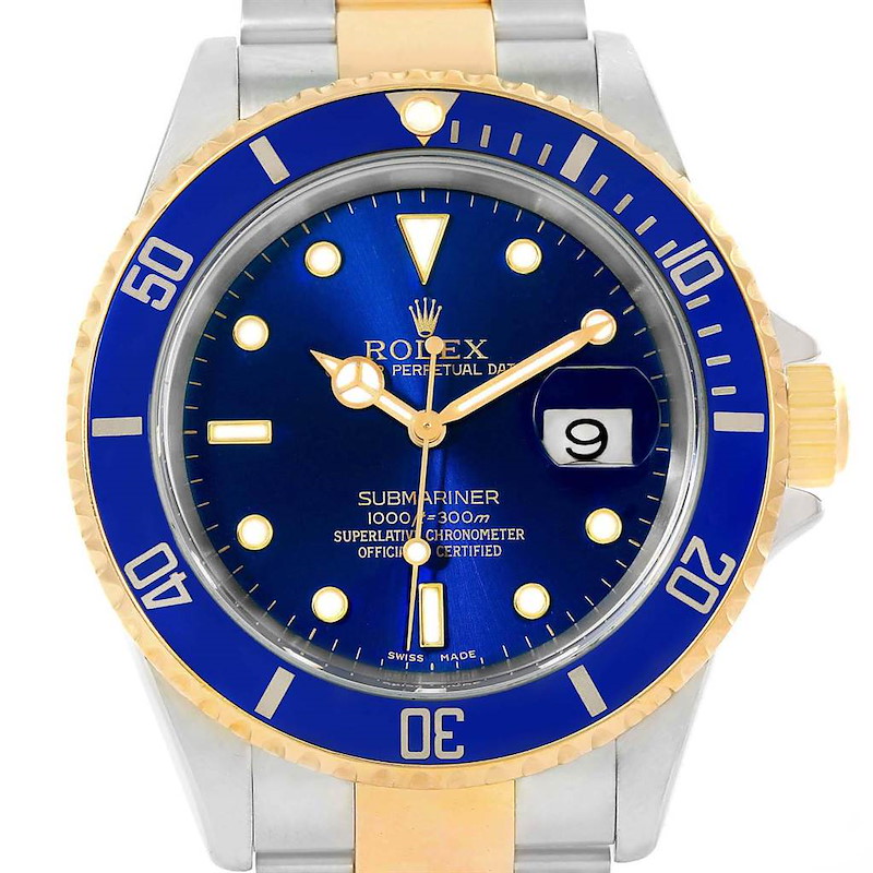 The image shows a frontal view of the Rolex Submariner 16613 Men's Steel and Gold (two tone) Blue Dial 16613 Men's Steel and Gold (two tone) Blue Dial watch, displaying the dial, bezel, and part of the two-tone bracelet.