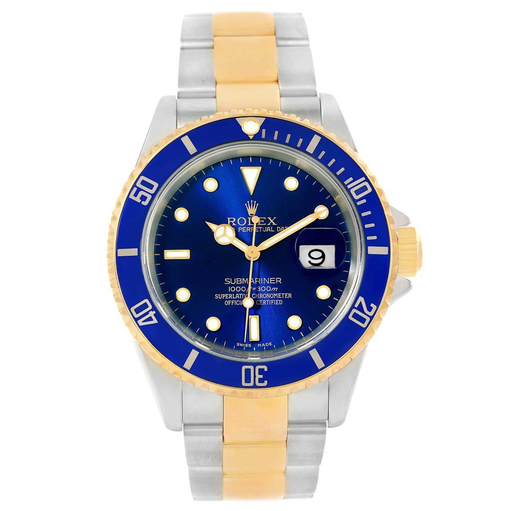 The image shows a Rolex Submariner 16613 Men's Steel and Gold (two tone) Blue Dial 16613 Men's Steel and Gold (two tone) Blue Dial watch from a front angle, displaying its face, bezel, and bracelet.