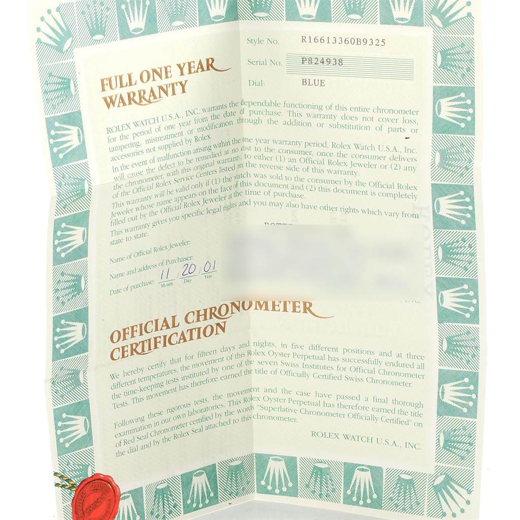 The image shows a warranty and certification document for a Rolex Submariner 16613 Men's Steel and Gold (two tone) Blue Dial 16613 Men's Steel and Gold (two tone) Blue Dial watch.