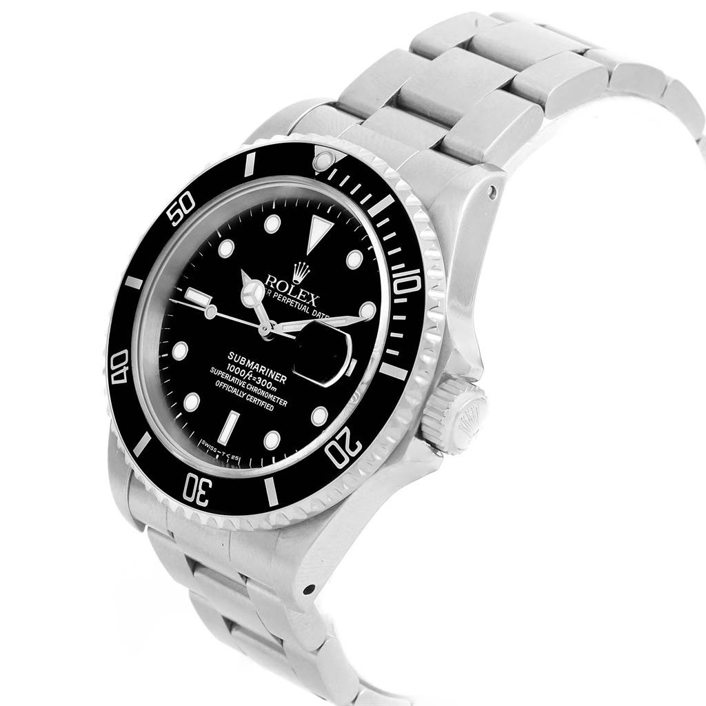 The Rolex Submariner 16610 Men's Stainless Steel Black Dial 16610 Men's Stainless Steel Black Dial watch is shown from an angled perspective displaying the dial, bezel, crown, and bracelet.