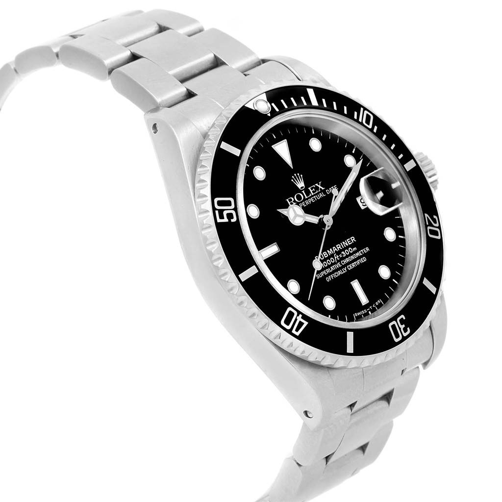 This image shows a side angle of a Rolex Submariner 16610 Men's Stainless Steel Black Dial 16610 Men's Stainless Steel Black Dial watch, highlighting the bezel, dial, and bracelet.