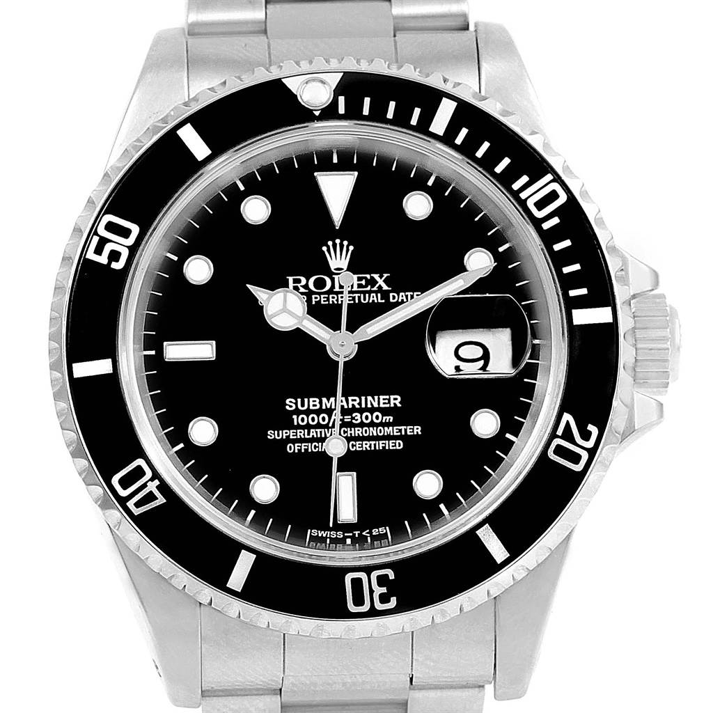 A front view of a Rolex Submariner 16610 Men's Stainless Steel Black Dial 16610 Men's Stainless Steel Black Dial watch showing the dial, bezel, crown, and part of the bracelet.