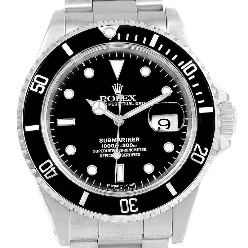 A front view of a Rolex Submariner 16610 Men's Stainless Steel Black Dial 16610 Men's Stainless Steel Black Dial watch showing the dial, bezel, crown, and part of the bracelet.