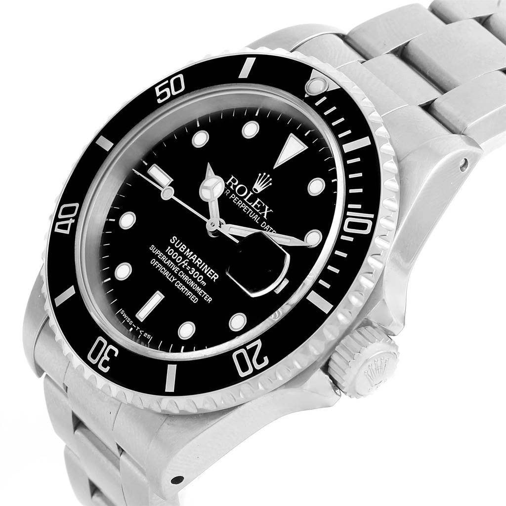 The image shows a Rolex Submariner 16610 Men's Stainless Steel Black Dial 16610 Men's Stainless Steel Black Dial watch at a tilted angle, displaying the dial, bezel, crown, and part of the bracelet.