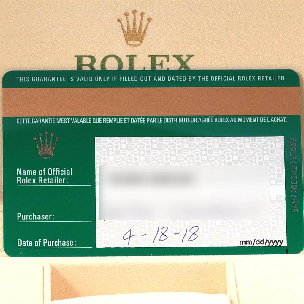 The image shows a guarantee card for the Rolex Submariner 116610 Men's Stainless Steel Black Dial 116610 Men's Stainless Steel Black Dial watch, dated April 18, 2018.