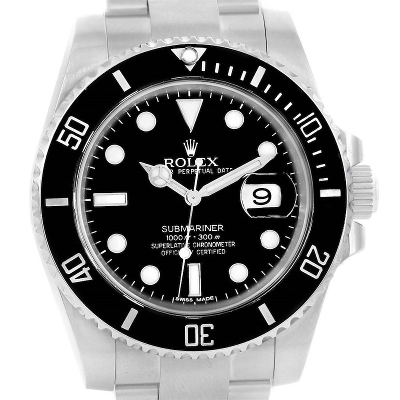 This is a front view of the Rolex Submariner 116610 Men's Stainless Steel Black Dial 116610 Men's Stainless Steel Black Dial, showcasing the dial, bezel, and part of the bracelet.
