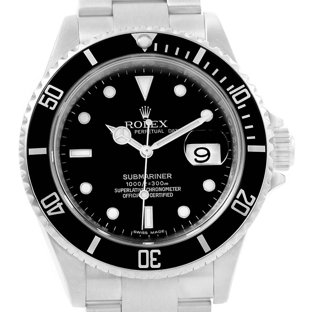 The Rolex Submariner 16610 Men's Stainless Steel Black Dial 16610 Men's Stainless Steel Black Dial watch is shown from the front, displaying the dial, bezel, hands, date, and part of the bracelet.