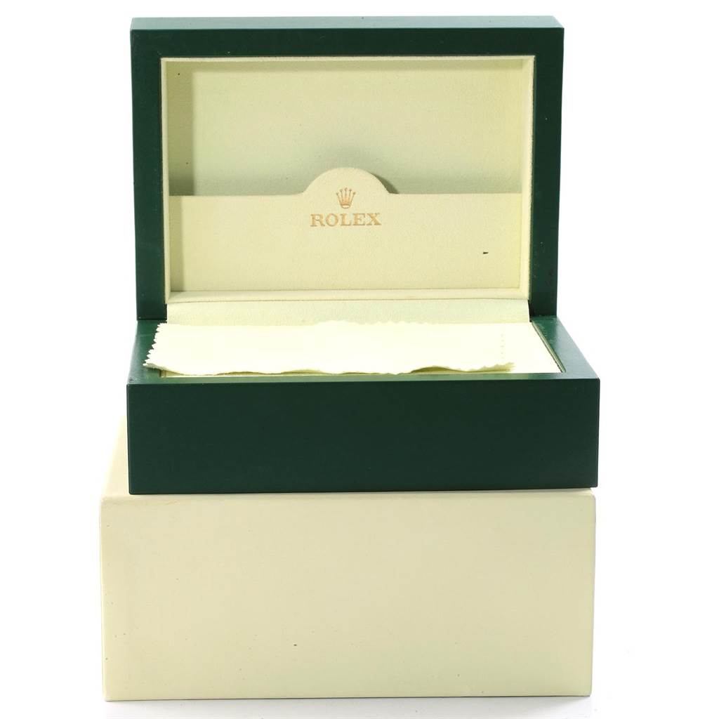 The image shows an open Rolex Submariner 16610 Men's Stainless Steel Black Dial 16610 Men's Stainless Steel Black Dial watch box with the Rolex logo inside.