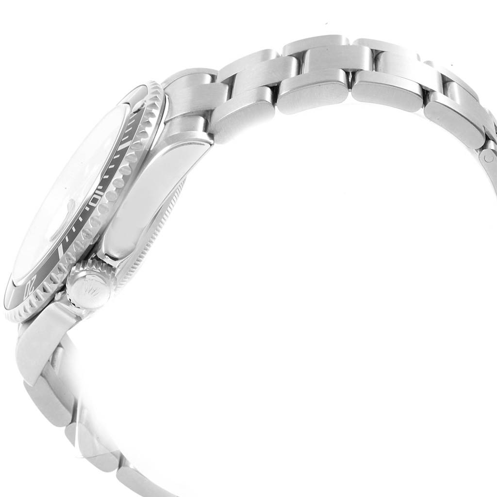 The image shows a side view of a Rolex Submariner 16610 Men's Stainless Steel Black Dial 16610 Men's Stainless Steel Black Dial watch, focusing on its bezel, crown, and bracelet.