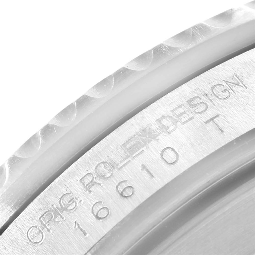 This image shows a close-up of the case side engraving on a Rolex Submariner 16610 Men's Stainless Steel Black Dial 16610 Men's Stainless Steel Black Dial model watch, highlighting the model number and design text.