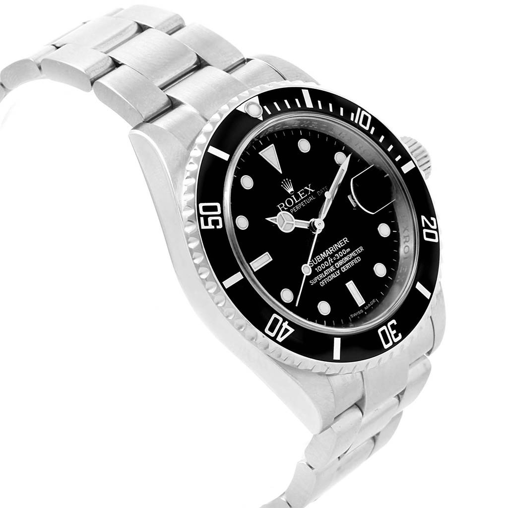 This image shows a Rolex Submariner 16610 Men's Stainless Steel Black Dial 16610 Men's Stainless Steel Black Dial watch at an oblique angle, highlighting its bezel, dial, and stainless steel bracelet.