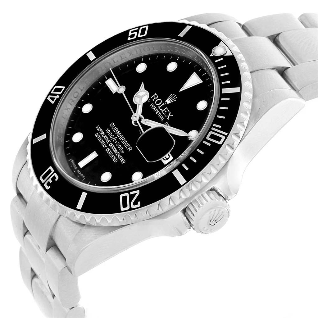 The image shows a Rolex Submariner 16610 Men's Stainless Steel Black Dial 16610 Men's Stainless Steel Black Dial watch at a slight angle, highlighting its black dial, bezel, crown, and stainless steel bracelet.