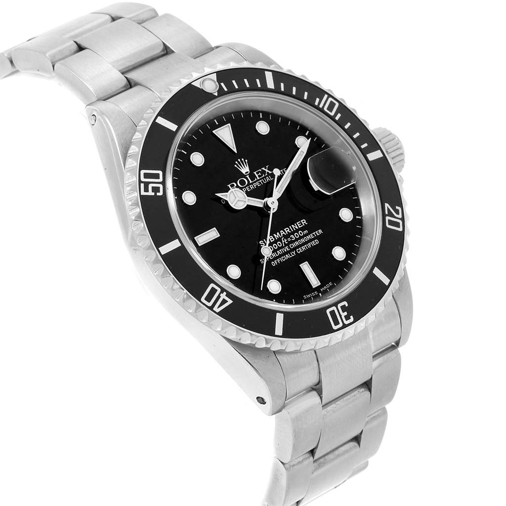 The image shows a side-angle view of a Rolex Submariner 16610 Men's Stainless Steel Black Dial 16610 Men's Stainless Steel Black Dial watch, highlighting the bracelet, bezel, and dial.