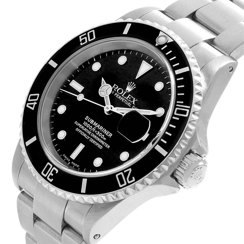 This image shows a Rolex Submariner 16610 Men's Stainless Steel Black Dial 16610 Men's Stainless Steel Black Dial watch from an angled side view highlighting the face, bezel, and part of the bracelet.