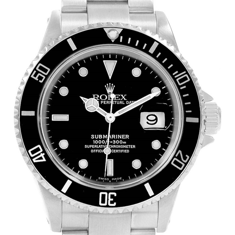 The image shows a frontal view of the Rolex Submariner 16610 Men's Stainless Steel Black Dial 16610 Men's Stainless Steel Black Dial watch, highlighting its face, bezel, crown, and part of the bracelet.