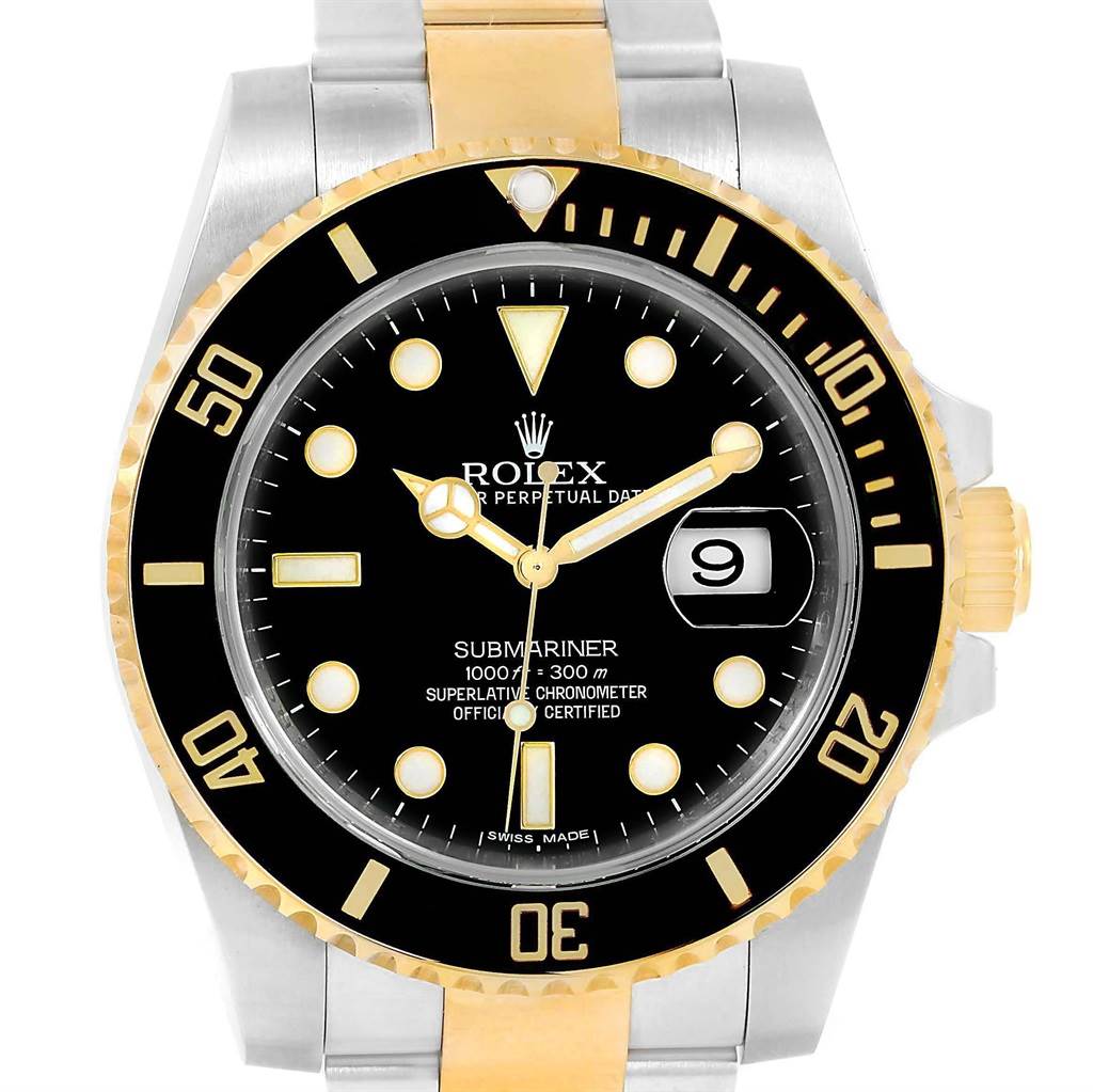 This Rolex Submariner 116613 Men's Steel and Gold (two tone) Black Dial 116613 Men's Steel and Gold (two tone) Black Dial watch is shown from the front, displaying the dial, bezel, and a portion of the bracelet.