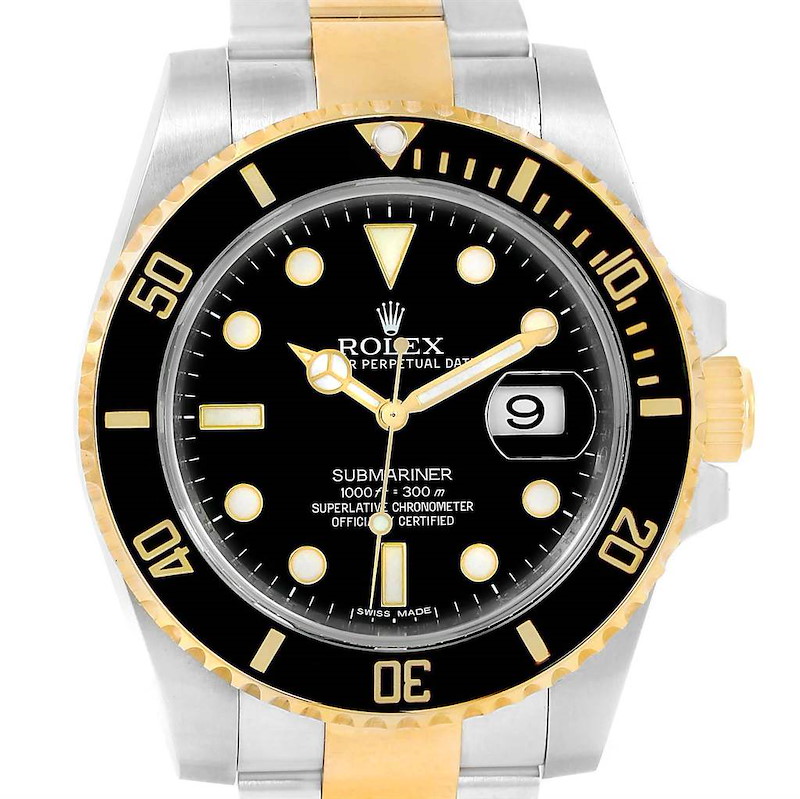This Rolex Submariner 116613 Men's Steel and Gold (two tone) Black Dial 116613 Men's Steel and Gold (two tone) Black Dial watch is shown from the front, displaying the dial, bezel, and a portion of the bracelet.