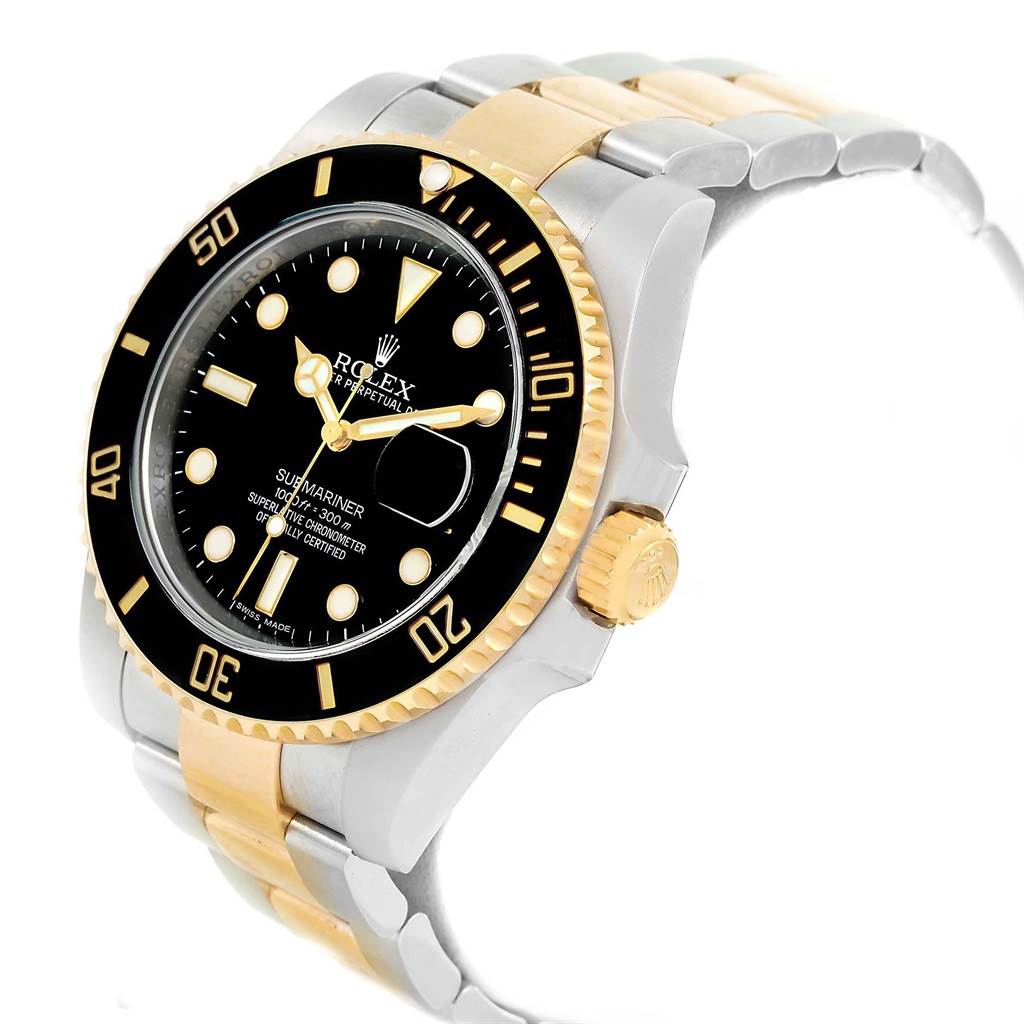 The image shows a Rolex Submariner 116613 Men's Steel and Gold (two tone) Black Dial 116613 Men's Steel and Gold (two tone) Black Dial watch at a three-quarter angle, displaying the bezel, dial, crown, and part of the bracelet.