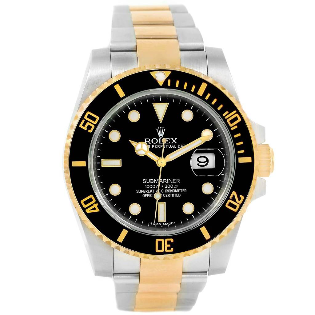 The Rolex Submariner 116613 Men's Steel and Gold (two tone) Black Dial 116613 Men's Steel and Gold (two tone) Black Dial watch is shown from a front angle, displaying the dial, bezel, case, and bracelet.