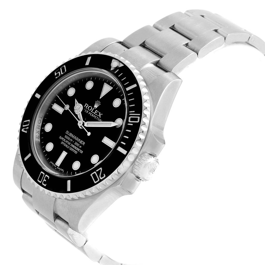The image shows a side angle view of a Rolex Submariner 114060 Men's Stainless Steel Black Dial 114060 Men's Stainless Steel Black Dial, highlighting the bezel, dial, bracelet, and crown of the watch.