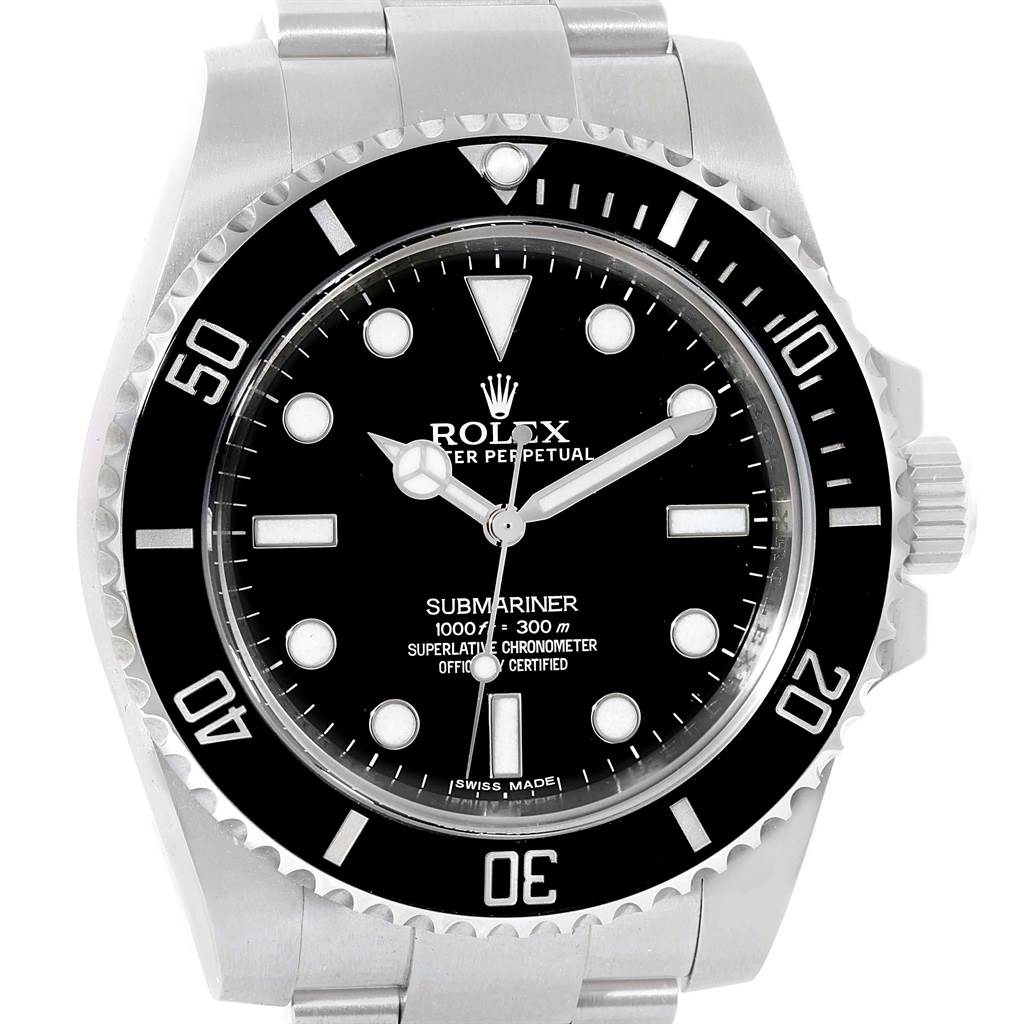 The image shows a front view of the Rolex Submariner 114060 Men's Stainless Steel Black Dial 114060 Men's Stainless Steel Black Dial watch, highlighting the dial, bezel, and part of the bracelet.