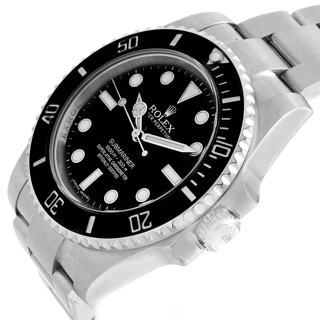 The Rolex Submariner 114060 Men's Stainless Steel Black Dial 114060 Men's Stainless Steel Black Dial watch is shown at an angle focusing on the dial, crown, and part of the bracelet.